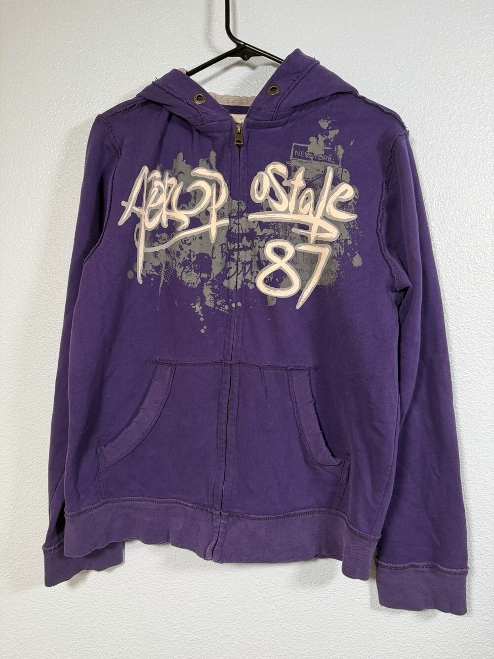 Aeropostale Womens M Purple Full Zip Hoodie 87 Graphic Spellout 2010 Y2K